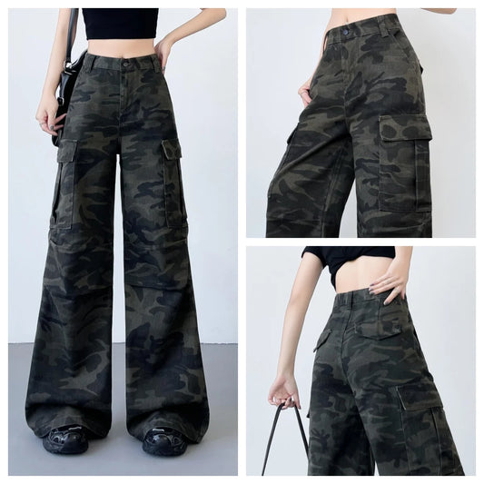 Fashionable Casual Wide-Leg Jeans American Retro Overalls Workwear Style Women's Trousers