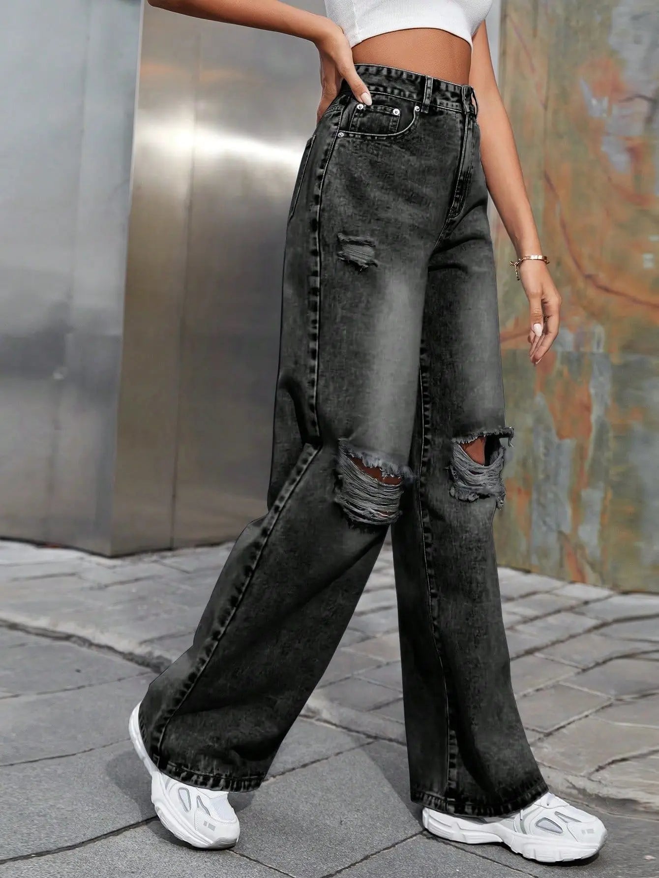 2025 Autumn New Women's Fashion Ripped High Waist Wide Leg Casual Jeans Boyfriend Jeans for Women