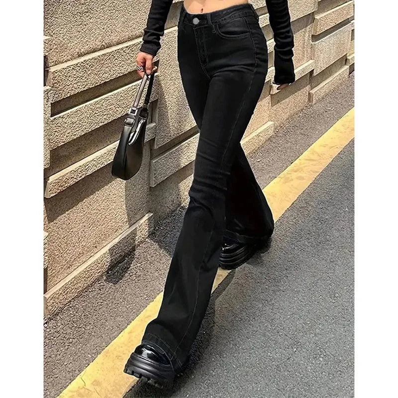 2025 Lady High Waist Stretchy Flared Jeans Women Ins Fashion Solid Bootcut Denim Pants Girls Chic Slim Fit Bell Bottoms Trousers