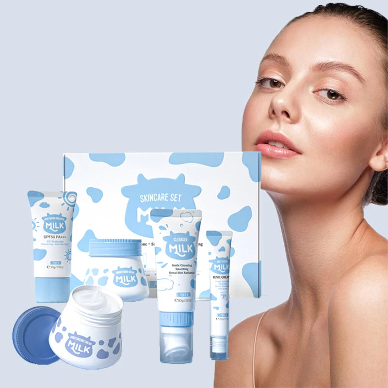 5PCS Milk Skincare Set with Cleanser SPF50 Sunscreen Cream Eye Cream Brightening & Moisturizing Cream Anti-Wrinkle Nourishing