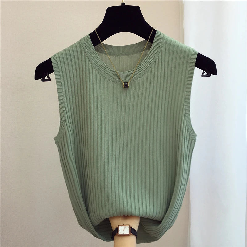 zjais Summer Spring Tanks Top Women Sleeveless Knitted T-Shirts Female Elastic Slim Casual Vests Crop Tops Camis Pullover Shirts