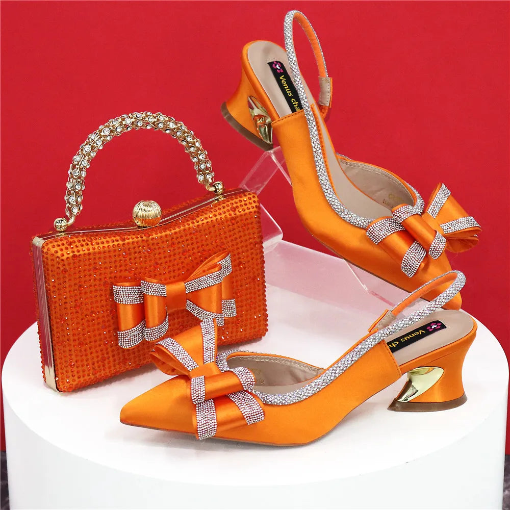 Med Heel Shoes for Women Hollowed Out Embroidery Rhinestone Italian Design Olive-green Color Pointed-Toe Shoes and Bags Set