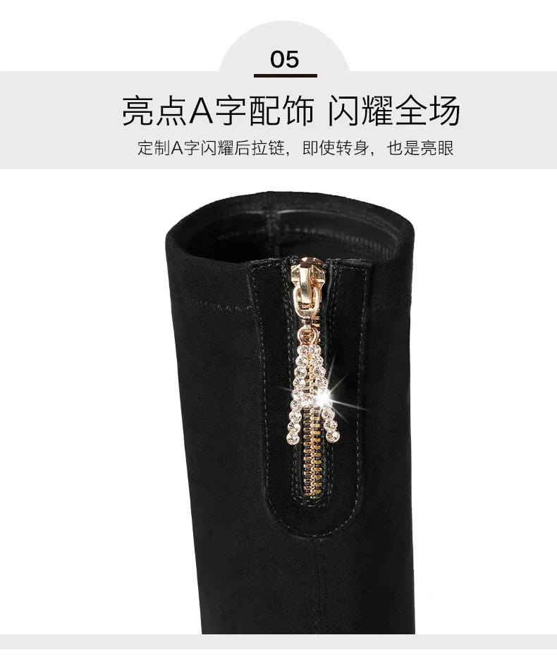 2025 Fashion Shoes for Women Zipper Women's Boots Winter Pointed Toe Suede Solid High Leg Over Knee Chunky Heels Socks Boots