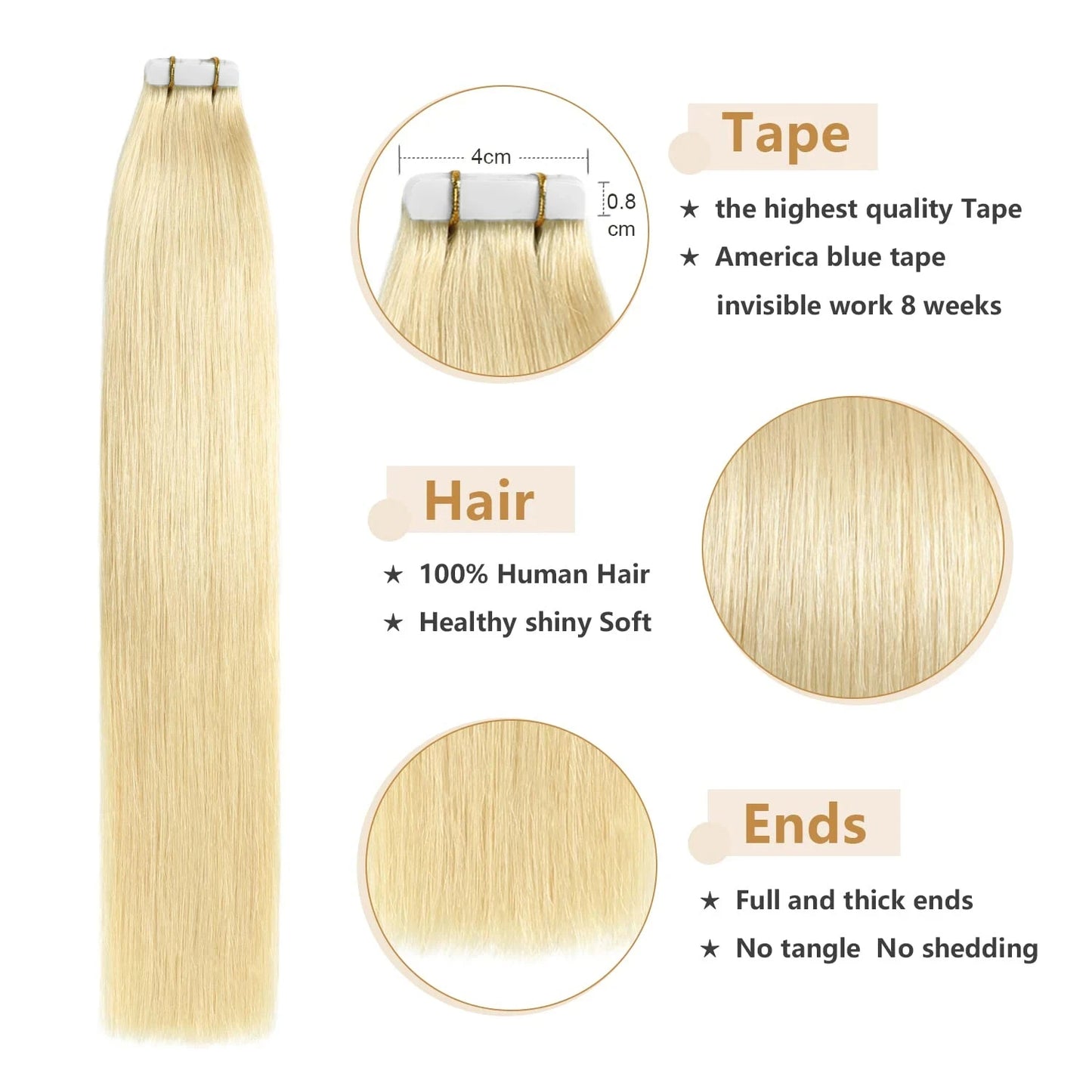 Blonde #613 Tape In Hair Extensions 100% Unprocessed Human Hair Adhesive Glue Skin Weft Tape In Human Hair Extensions 50g/20pcs