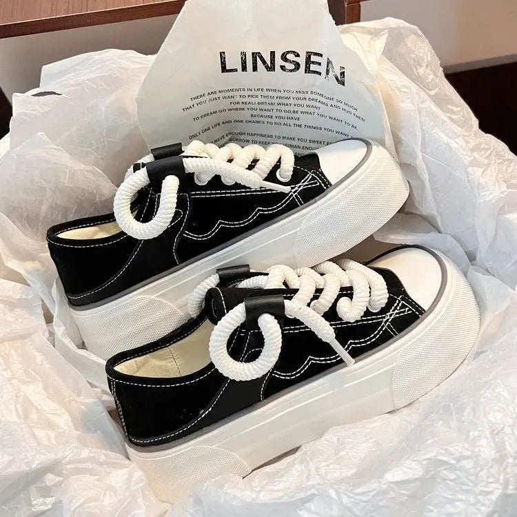 Woman Footwear Round Toe High On Platform Pink Shoes For Women Canvas Black Cute Summer 2025 Daily Routine Spring Ladies Shoes