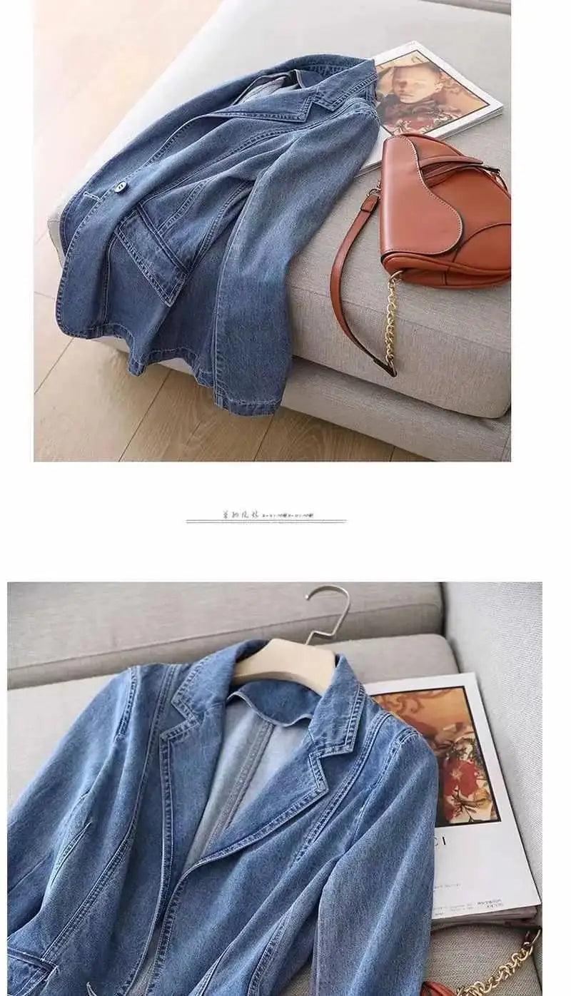 Women's Denim Suit Jacket, Korean Bomber Jackets, Casual Blazer, Female Outerwear, Cowboy Trench Coat, Fashion, Spring, Autumn,