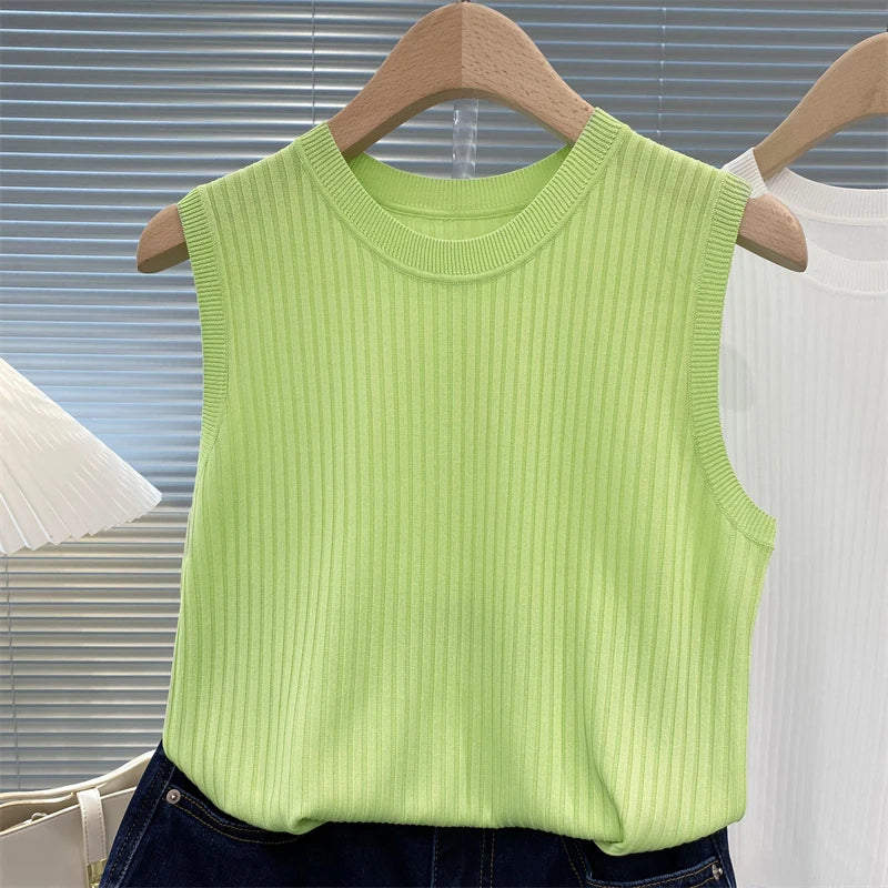 zjais Summer Spring Tanks Top Women Sleeveless Knitted T-Shirts Female Elastic Slim Casual Vests Crop Tops Camis Pullover Shirts