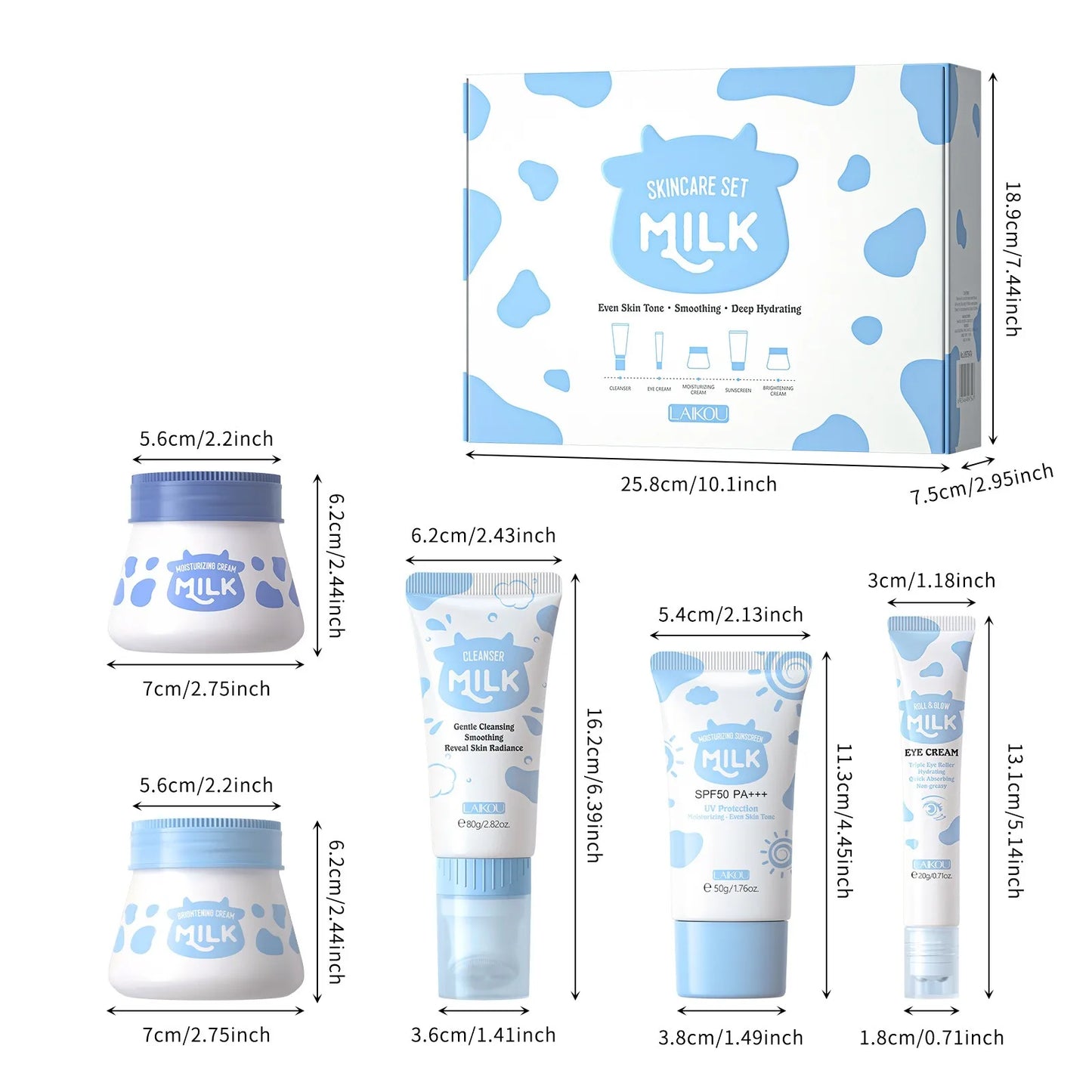 5PCS Milk Skincare Set with Cleanser SPF50 Sunscreen Cream Eye Cream Brightening & Moisturizing Cream Anti-Wrinkle Nourishing