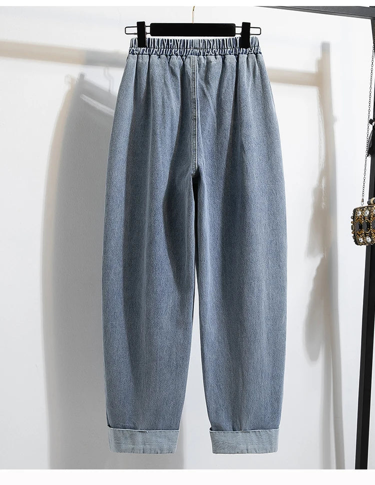 Plus Size Jeans For Women 2025 Autumn New Arrival High Elastic Waist Harem Denim Pants Korean Style Fashion Blue Jeans Woman