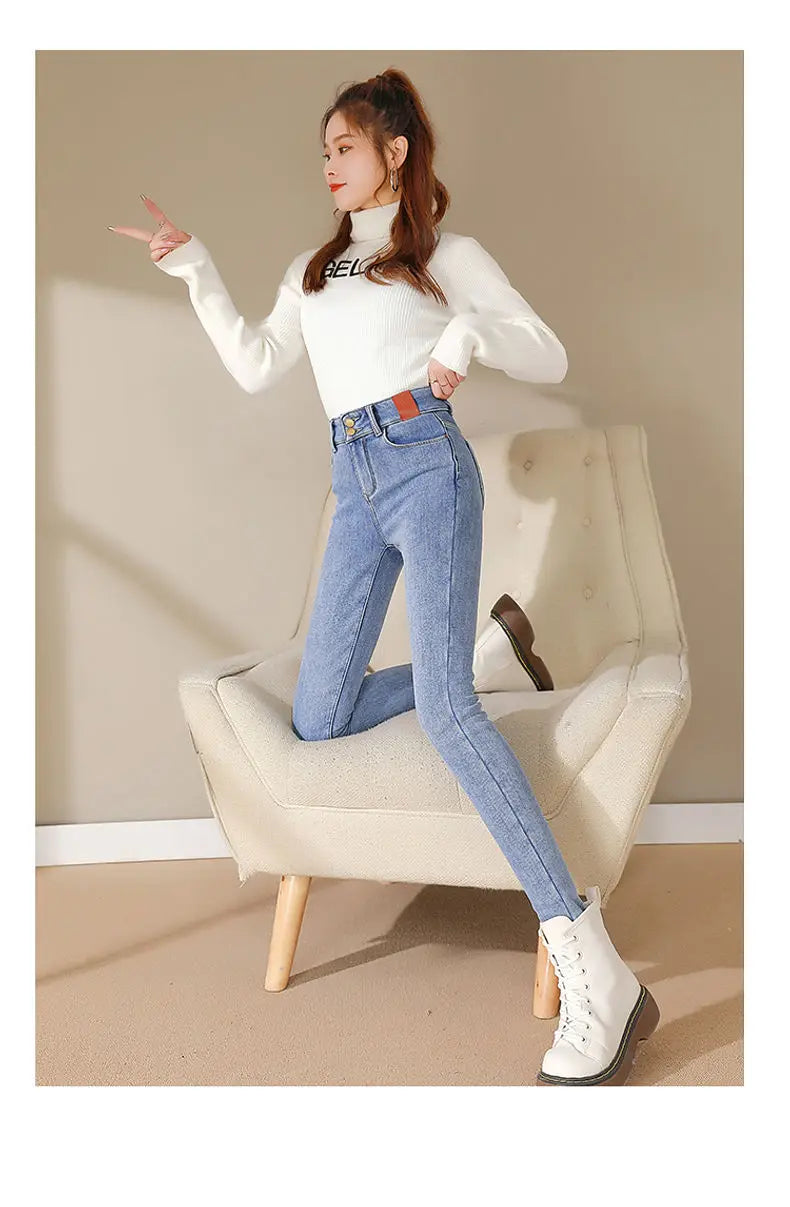 Winter warm Women jeans Velvet Jeans women Fleece Warm High Waist Skinny Elastic Pants women Jean Casual Legging Winter jeans