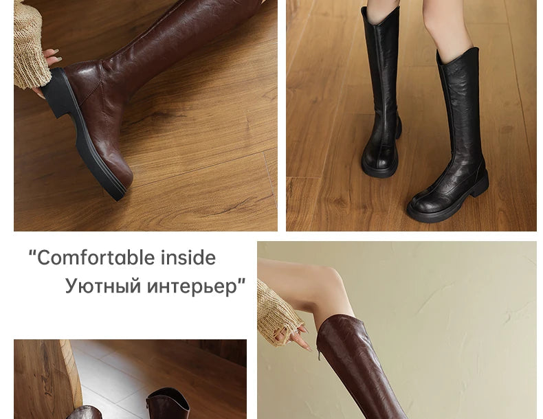 Ods  Footwear Elegant Heeled Shoes for Women Brown Ladies Boots Platform Winter Knee High Shaft Heels Long Boot Lady 40 41 42 43