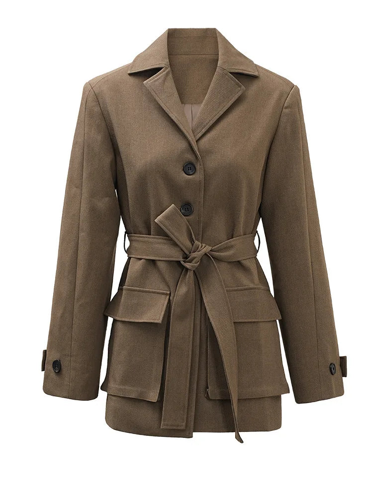 KWTX 2025 Spring Summer Brown Blazer Women's Vintage Slim Single Breasted Belted Jacket Pocket Elegant Office Casual Outfit