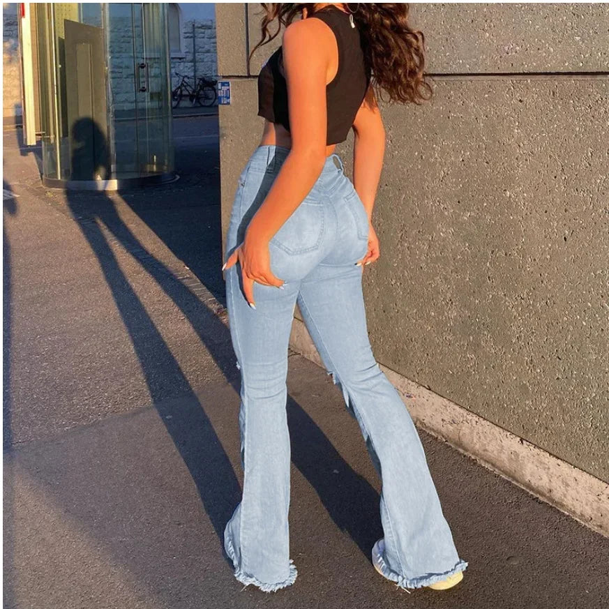 High-waisted Retro Stretch Women Pants Winter Edition New Style Ripped Bell Bottoms High Waist Straight Cylinder Wide Leg Jeans