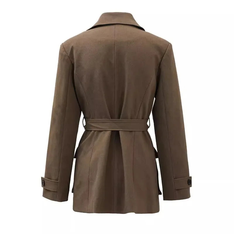 KWTX 2025 Spring Summer Brown Blazer Women's Vintage Slim Single Breasted Belted Jacket Pocket Elegant Office Casual Outfit