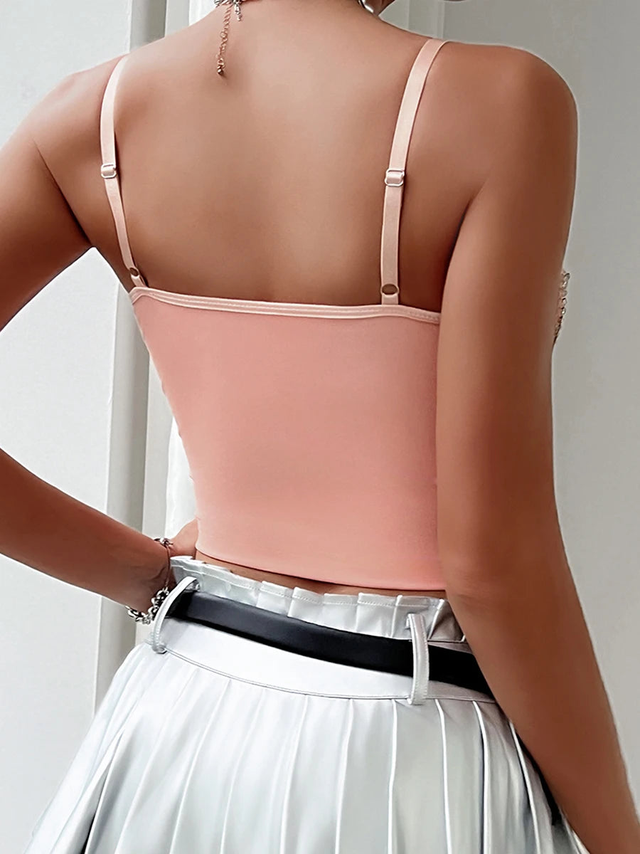 Women Bodyshaper Camisoles Rhinestone Embellished Spaghetti Strap Casual Tank Tops Summer Sleeveless Tops Streetwear