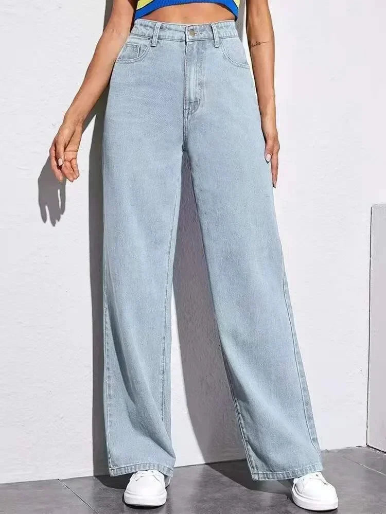 Jeans Women Long Pant Denim Pants Straight Trousers Elegant Splice Button High Waist Regular Casual Loose Autumn Winter