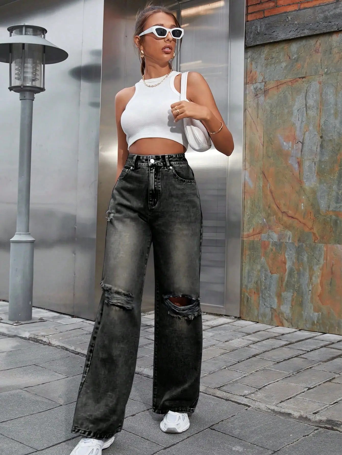 2025 Autumn New Women's Fashion Ripped High Waist Wide Leg Casual Jeans Boyfriend Jeans for Women