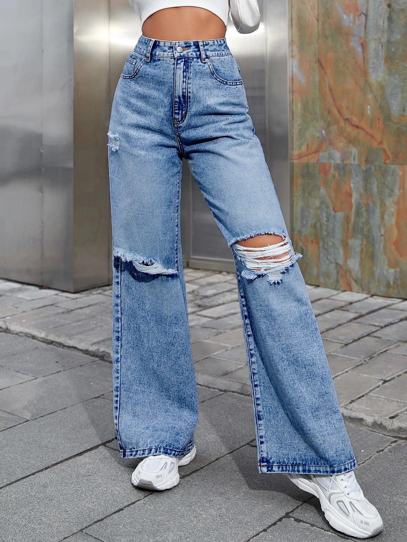 2025 Autumn New Women's Fashion Ripped High Waist Wide Leg Casual Jeans Boyfriend Jeans for Women