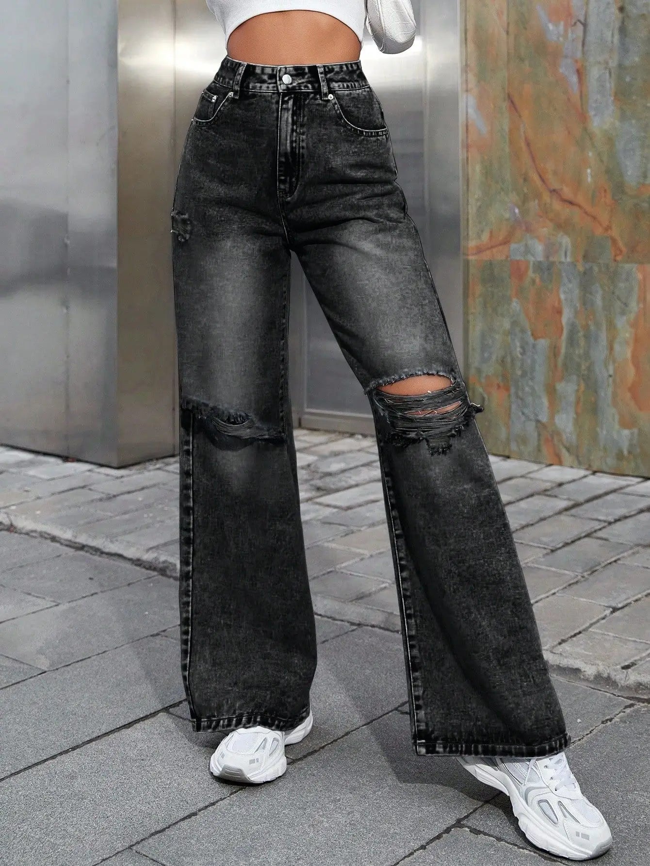 2025 Autumn New Women's Fashion Ripped High Waist Wide Leg Casual Jeans Boyfriend Jeans for Women