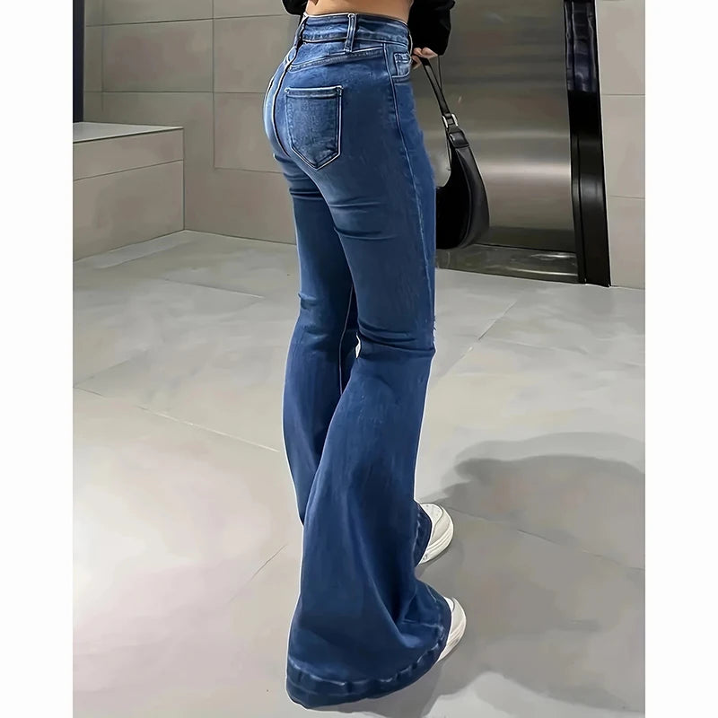 2025 Lady High Waist Stretchy Flared Jeans Women Ins Fashion Solid Bootcut Denim Pants Girls Chic Slim Fit Bell Bottoms Trousers