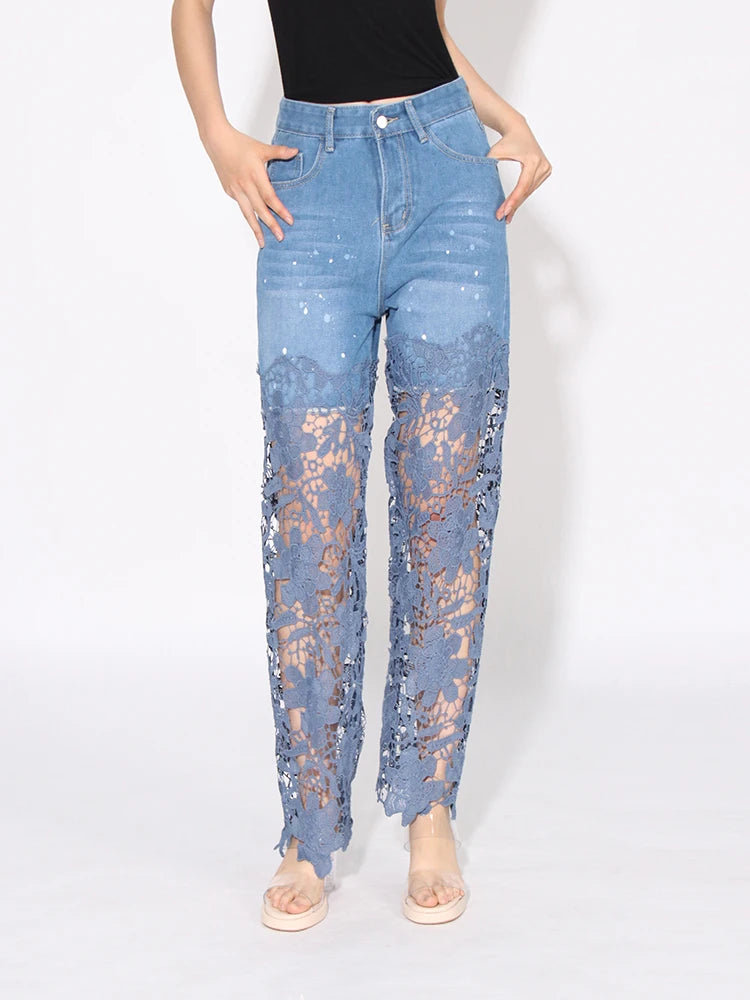 TWOTWINSTYLE Hollow Out Spliced Diamonds Loose Denim Pant For Women High Waist Patchwork Lace Casual Jeans Female Fashion Style