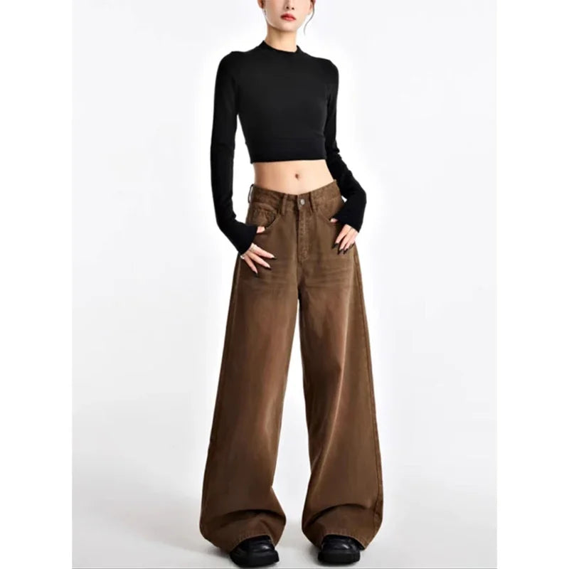 Women Brown Jeans 90s Aesthetic Y2k Vintage Baggy Denim Trouser Fashion Harajuku High Waist Wide Cowboy Pants 2000s Clothes 2023