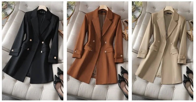 Autumn Winter Jacket Women Long Blazer Khaki Coffee Black Office Ladies Formal Jacket Business Work Wear Coat Female Outerwear