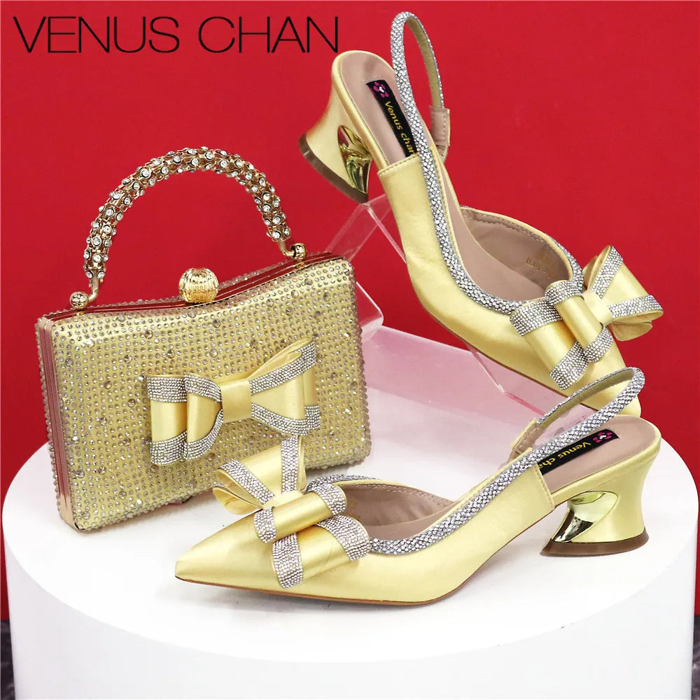 Med Heel Shoes for Women Hollowed Out Embroidery Rhinestone Italian Design Olive-green Color Pointed-Toe Shoes and Bags Set