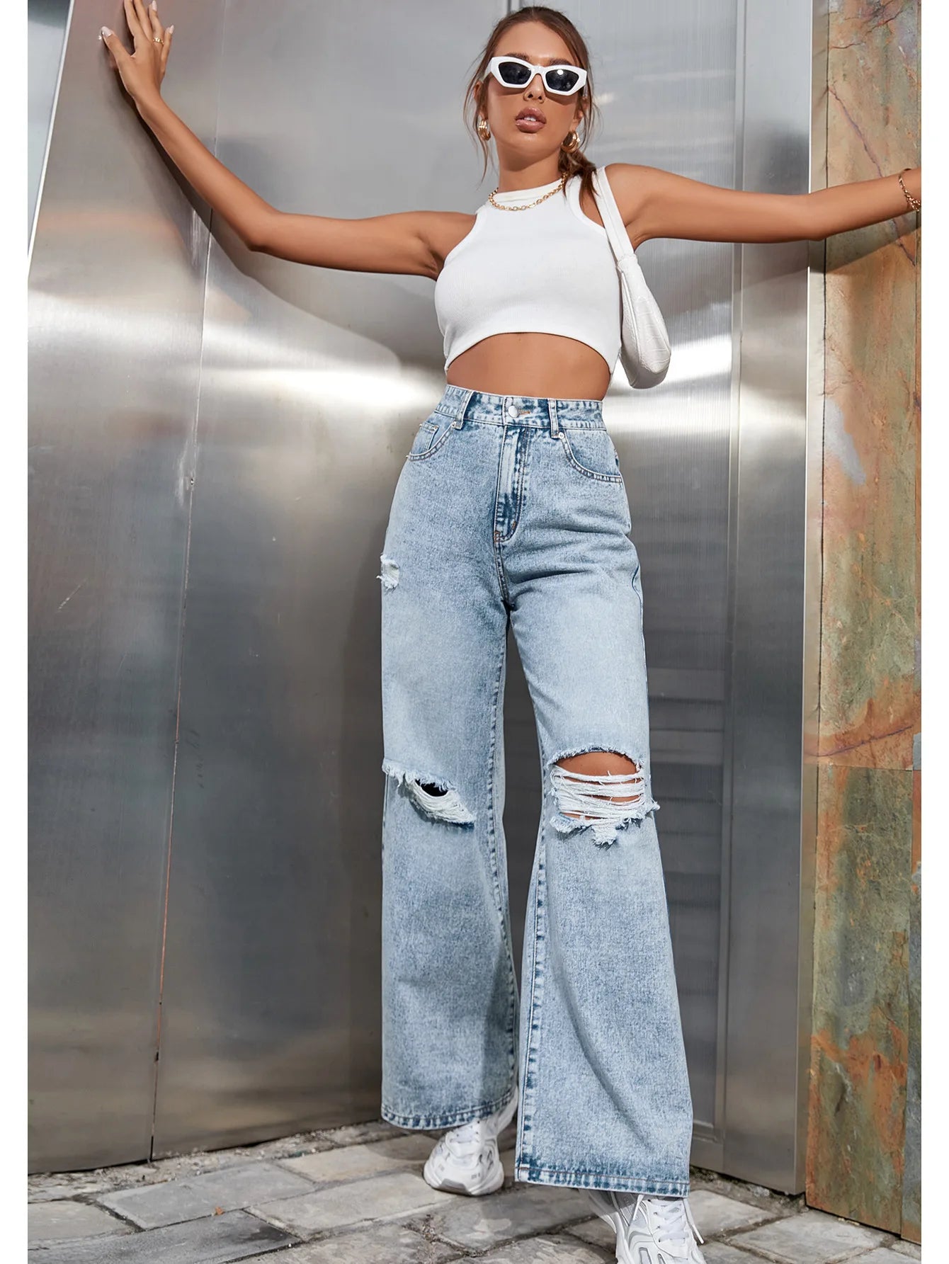 2025 Autumn New Women's Fashion Ripped High Waist Wide Leg Casual Jeans Boyfriend Jeans for Women