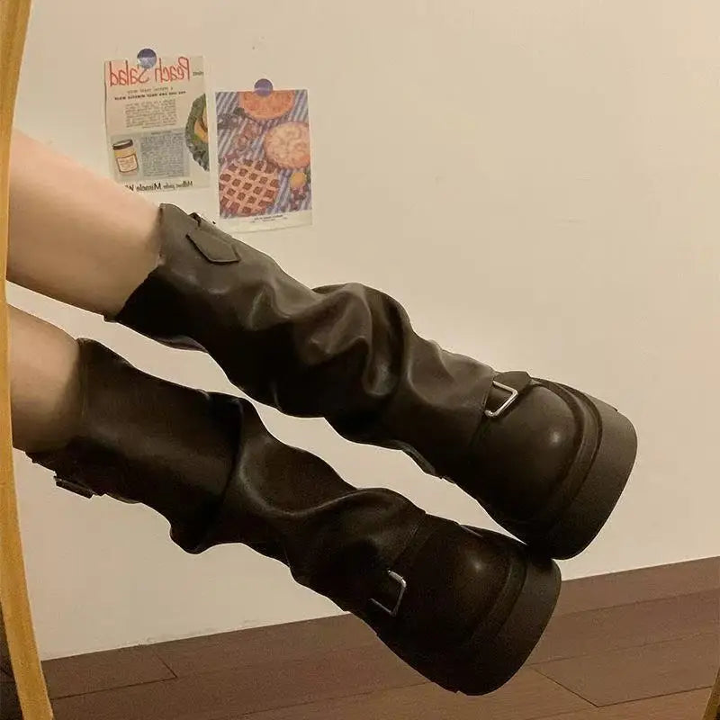 Shoes for Women  Mid-Calf Women's Boots Platform Modern Boots Women Belt Buckle Square Toe Side Zip Square Heel Shoes Female