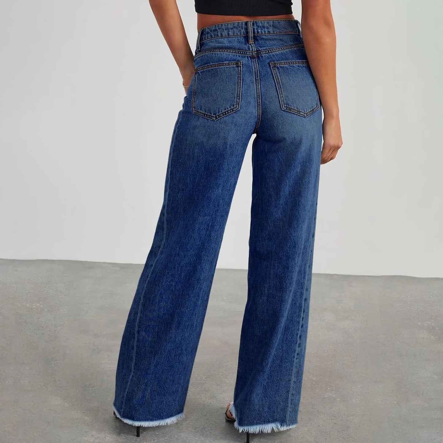 Wide-Leg Jeans Women Light Blue Raw-Edge High-Waist Design Fashionable Trousers Loose-Fitting Slim-Fitting Pants Daily Commuting