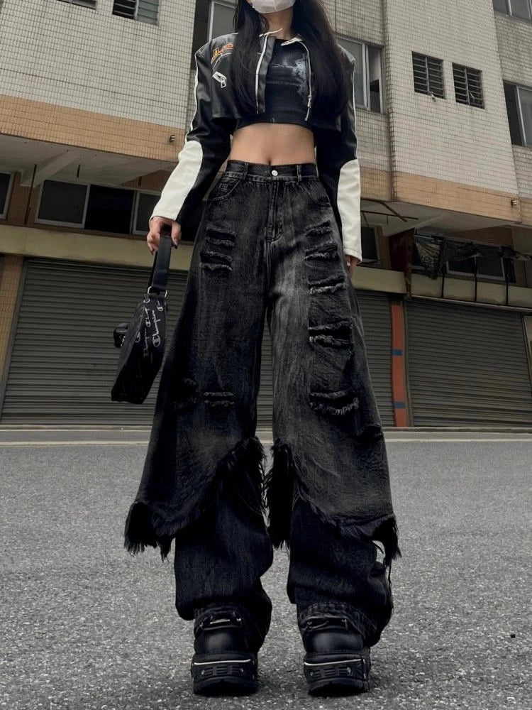 Women's Hiphop Splicing Edge Design Unisex Jeans Cool Girl Streetwear High Waist Cowboy Trouser Casual Wide-leg Denim Pants
