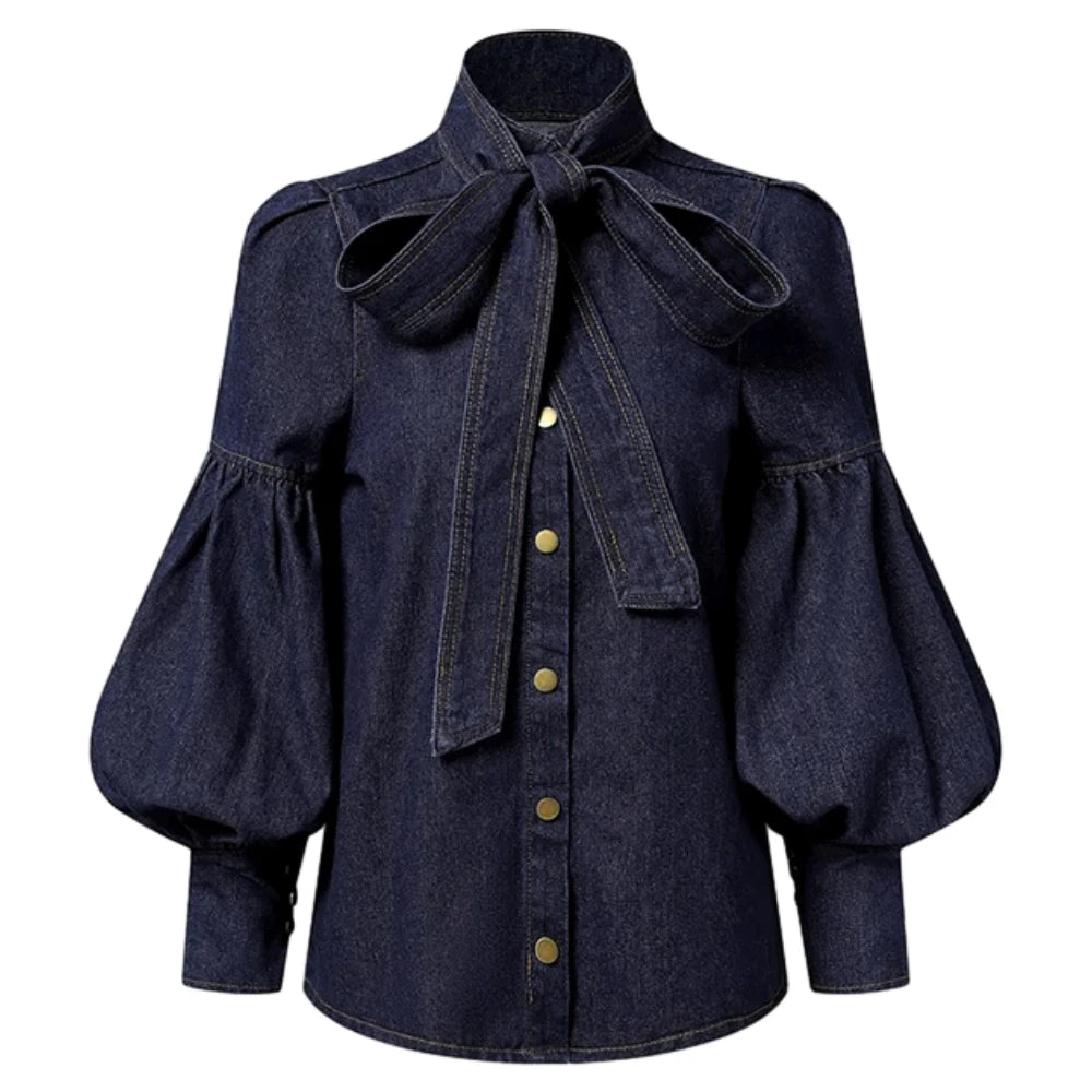 Fashion Womens Denim Blouse Tops Autumn 2024 Spring Blue Long Puff Sleeves Bow-Embellished High Neck Women Shirts Y2k Clothes