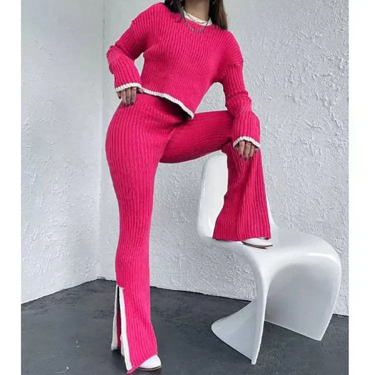 Autumn Winter 2 Pieces Women's Oufit Sets Knitted Tracksuit O-Neck Sweater and Wide Leg Jogging Pants Female Suits
