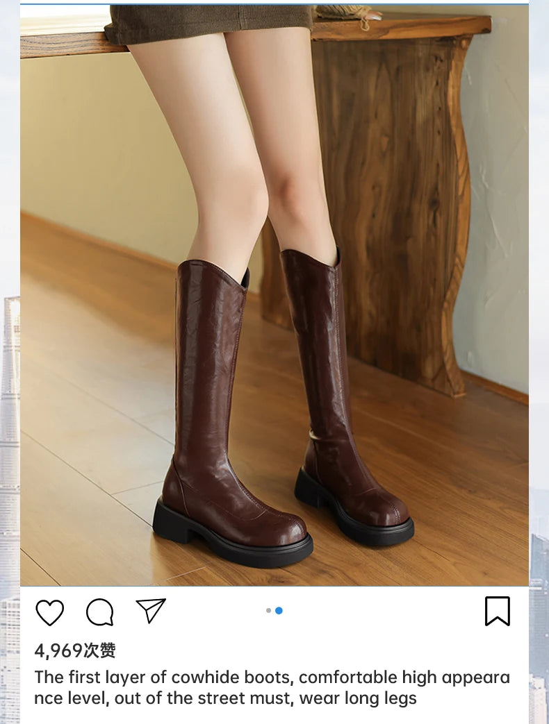 Ods  Footwear Elegant Heeled Shoes for Women Brown Ladies Boots Platform Winter Knee High Shaft Heels Long Boot Lady 40 41 42 43