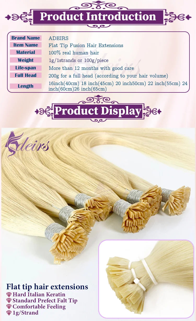 ADEIRS Flat Tip Hair Extensions 100% Real Human Hair Fusion Keratin Capsule Hair Extensions Brown Blonde Straight 1g/Strand