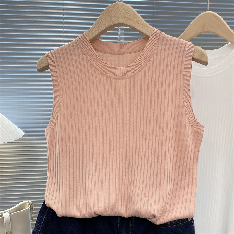 zjais Summer Spring Tanks Top Women Sleeveless Knitted T-Shirts Female Elastic Slim Casual Vests Crop Tops Camis Pullover Shirts