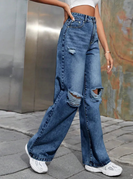 2025 Autumn New Women's Fashion Ripped High Waist Wide Leg Casual Jeans Boyfriend Jeans for Women