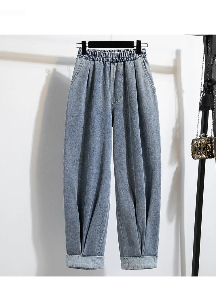 Plus Size Jeans For Women 2025 Autumn New Arrival High Elastic Waist Harem Denim Pants Korean Style Fashion Blue Jeans Woman