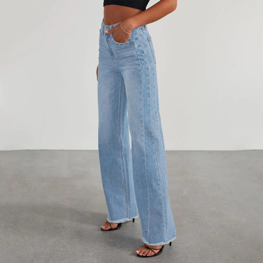 Wide-Leg Jeans Women Light Blue Raw-Edge High-Waist Design Fashionable Trousers Loose-Fitting Slim-Fitting Pants Daily Commuting
