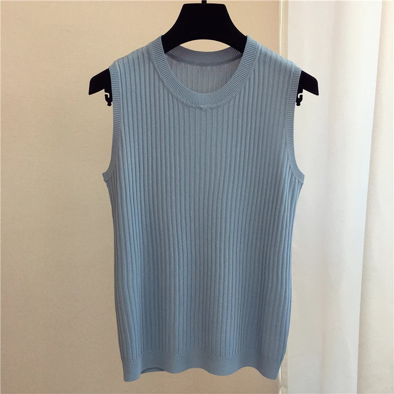 zjais Summer Spring Tanks Top Women Sleeveless Knitted T-Shirts Female Elastic Slim Casual Vests Crop Tops Camis Pullover Shirts