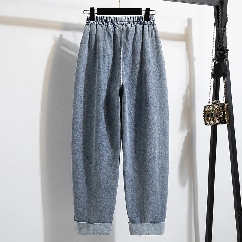 Plus Size Jeans For Women 2025 Autumn New Arrival High Elastic Waist Harem Denim Pants Korean Style Fashion Blue Jeans Woman
