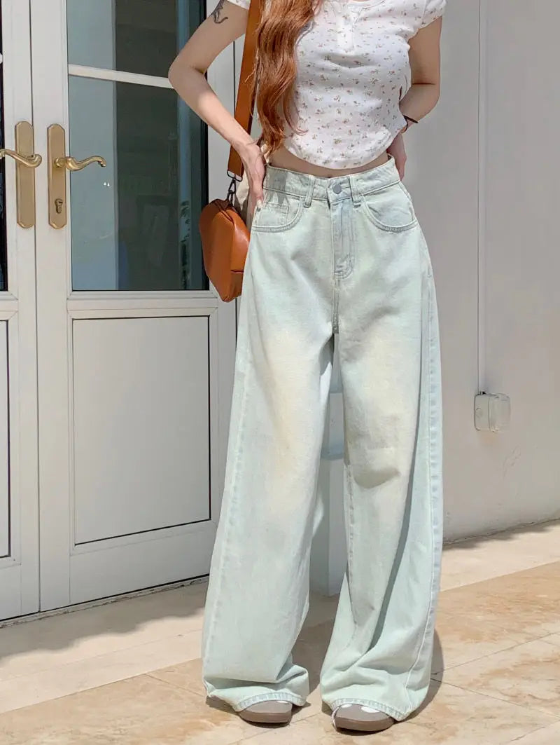 Long Jeans Women New Summer Vintage Bleached Design Loose Wide-leg Trousers Ulzzang Street Style Basic College Harajuku Popular