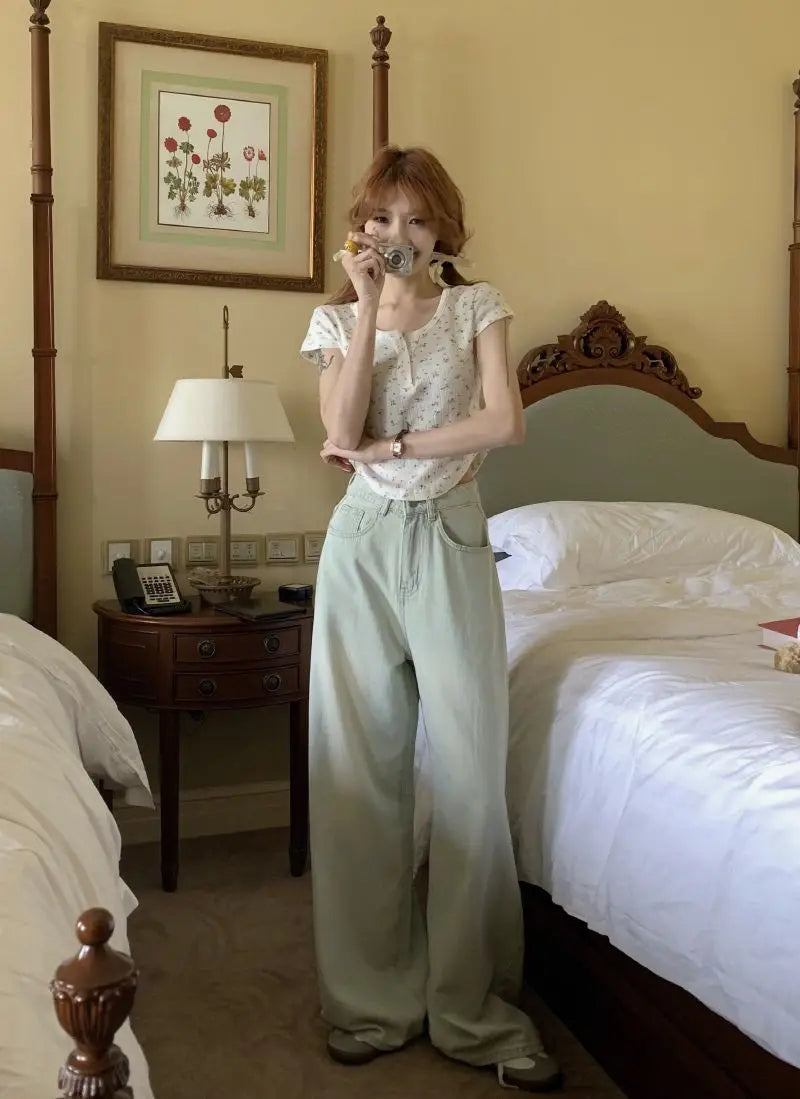 Long Jeans Women New Summer Vintage Bleached Design Loose Wide-leg Trousers Ulzzang Street Style Basic College Harajuku Popular