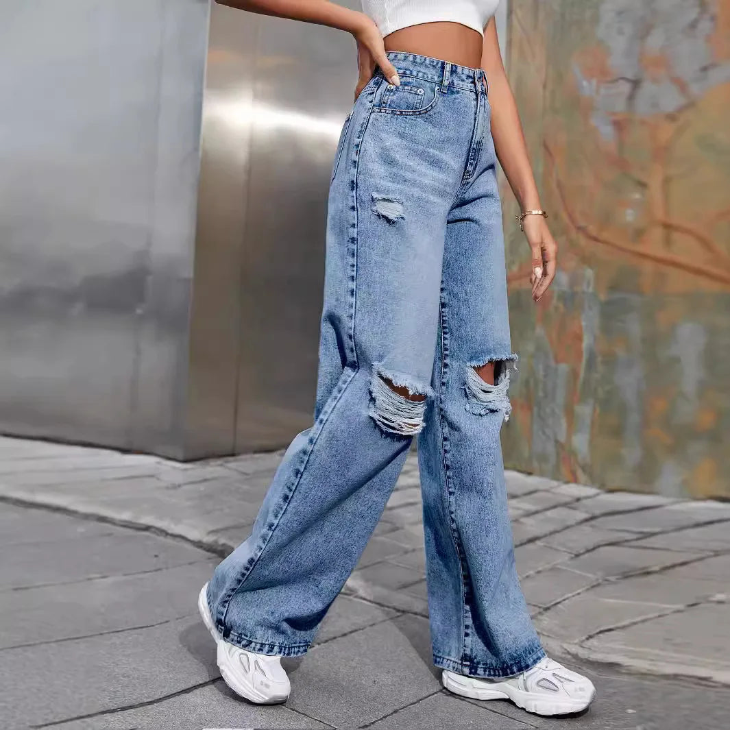 2025 Autumn New Women's Fashion Ripped High Waist Wide Leg Casual Jeans Boyfriend Jeans for Women