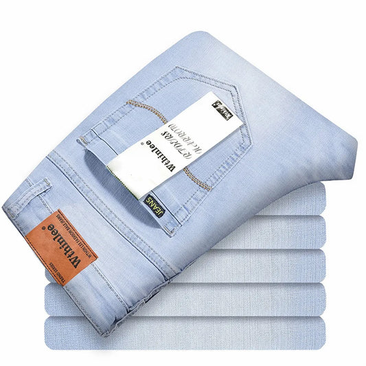 Wthinlee Spring Summer Business Jeans Men Light Blue Casual Straight Stretch Fashion Classic Work Denim Trousers Brand Clothing