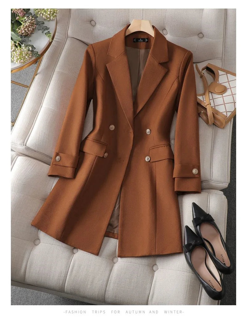 Autumn Winter Jacket Women Long Blazer Khaki Coffee Black Office Ladies Formal Jacket Business Work Wear Coat Female Outerwear