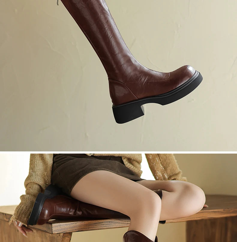 Ods  Footwear Elegant Heeled Shoes for Women Brown Ladies Boots Platform Winter Knee High Shaft Heels Long Boot Lady 40 41 42 43