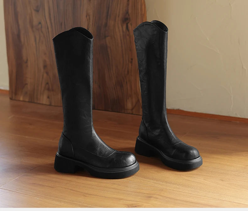 Ods  Footwear Elegant Heeled Shoes for Women Brown Ladies Boots Platform Winter Knee High Shaft Heels Long Boot Lady 40 41 42 43