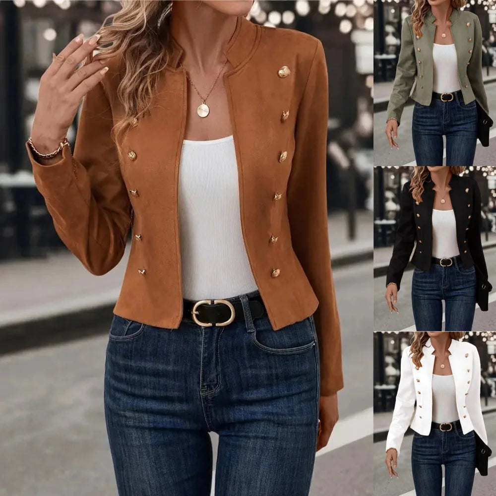 Women Jacket Stand Collar Long Sleeve Double Breasted Short Suit Coat Solid Color Business Outerwear